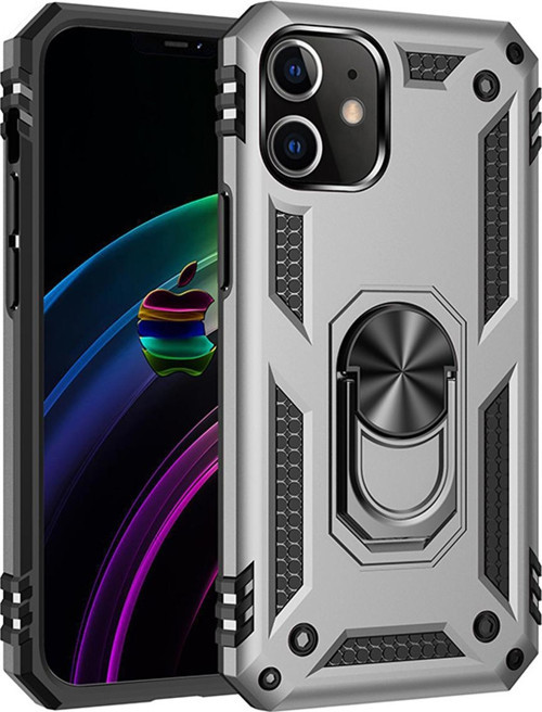 Apple iPhone 12 Mini Kapak Military Yüzüklü Stantlı Panzer Tank Kılıf - Gri