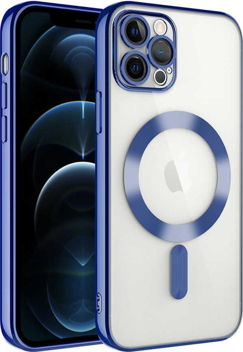 Apple iPhone 12 Pro Mag Safe Özellikli Lens Korumalı Logo Gösteren Şeffaf Silikon Kılıf - Mavi