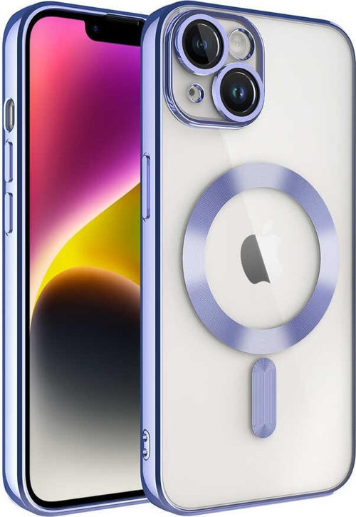 Apple iPhone 13 Mag Safe Özellikli Lens Korumalı Logo Gösteren Şeffaf Silikon Kılıf - Lila