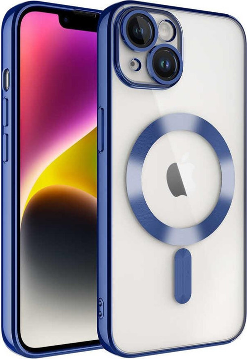 Apple iPhone 13 Mag Safe Özellikli Lens Korumalı Logo Gösteren Şeffaf Silikon Kılıf - Mavi