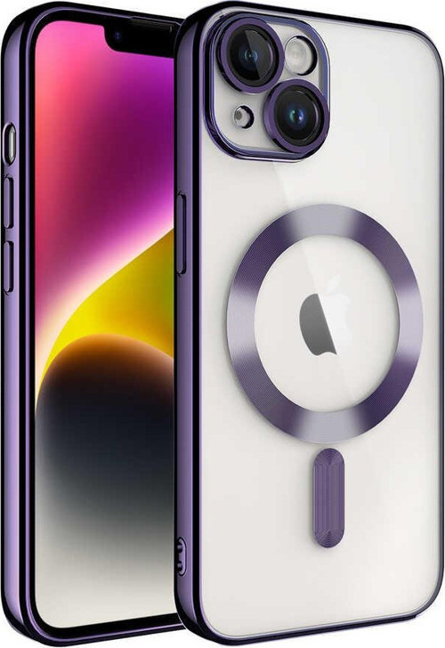 Apple iPhone 13 Mag Safe Özellikli Lens Korumalı Logo Gösteren Şeffaf Silikon Kılıf - Mor
