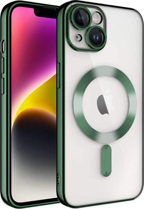 Apple iPhone 13 Mag Safe Özellikli Lens Korumalı Logo Gösteren Şeffaf Silikon Kılıf -Yeşil