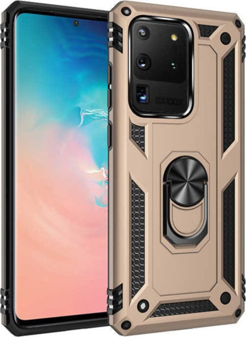 Samsung Galaxy S20 Ultra Kapak Military Yüzüklü Stantlı Panzer Tank Kılıf - Gold