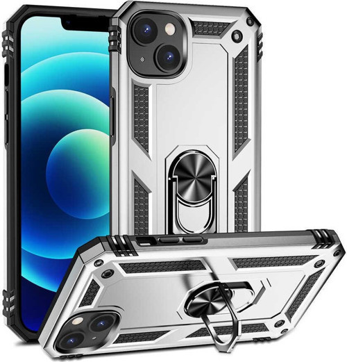 Apple iPhone 14 Kapak Military Yüzüklü Stantlı Panzer Tank Kılıf - Gri
