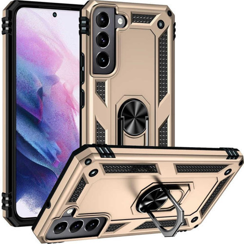Samsung Galaxy S22 Kapak Military Yüzüklü Stantlı Panzer Tank Kılıf - Gold