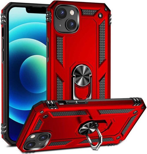Apple iPhone 14 Kapak Military Yüzüklü Stantlı Panzer Tank Kılıf - Kırmızı