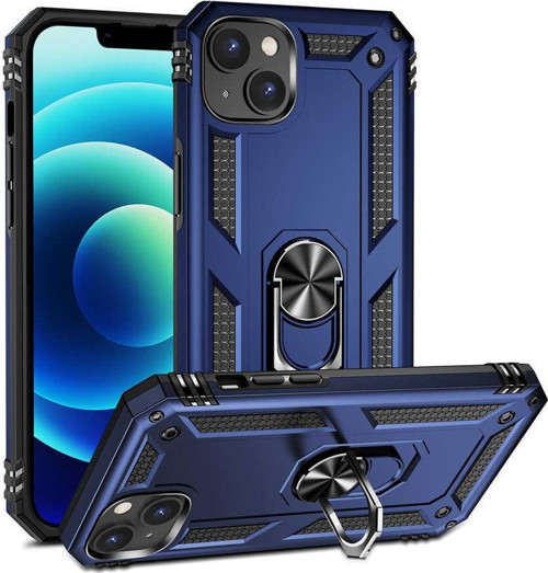 Apple iPhone 14 Kapak Military Yüzüklü Stantlı Panzer Tank Kılıf - Lacivert