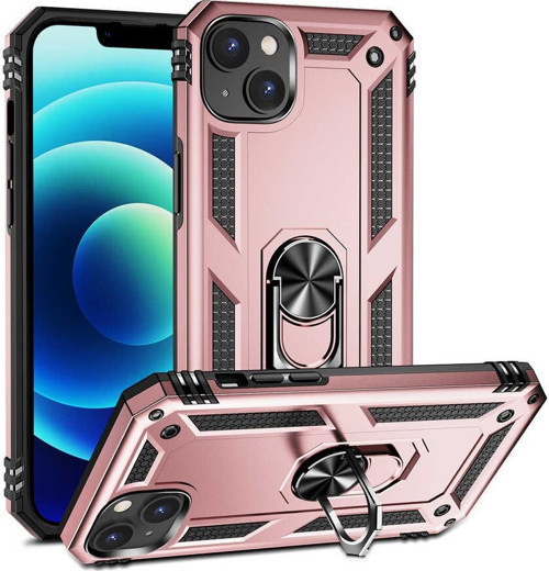 Apple iPhone 14 Kapak Military Yüzüklü Stantlı Panzer Tank Kılıf - Rose Gold