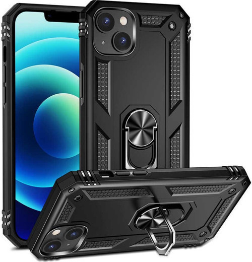 Apple iPhone 14 Kapak Military Yüzüklü Stantlı Panzer Tank Kılıf - Siyah