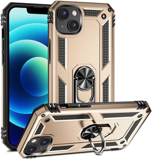 Apple iPhone 14 Plus Kapak Military Yüzüklü Stantlı Panzer Tank Kılıf - Gold