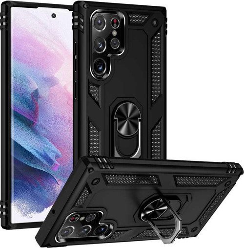 Samsung Galaxy S22 Ultra Kapak Military Yüzüklü Stantlı Panzer Tank Kılıf - Siyah