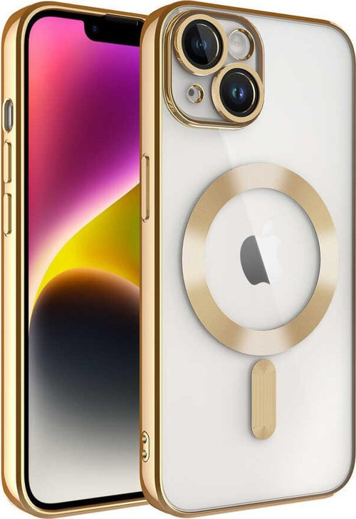 Apple iPhone 14 Plus Mag Safe Özellikli Lens Korumalı Logo Gösteren Şeffaf Silikon Kılıf - Gold