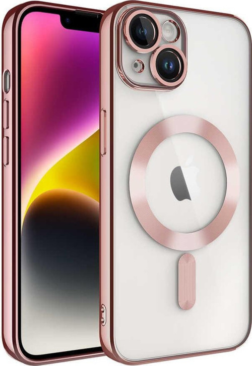 Apple iPhone 14 Plus Mag Safe Özellikli Lens Korumalı Logo Gösteren Şeffaf Silikon Kılıf - Rose Gold