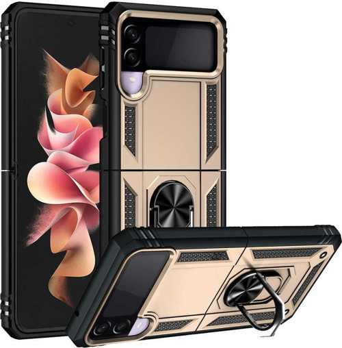 Samsung Galaxy Z Flip 3 Kapak Military Yüzüklü Stantlı Panzer Tank Kılıf - Gold