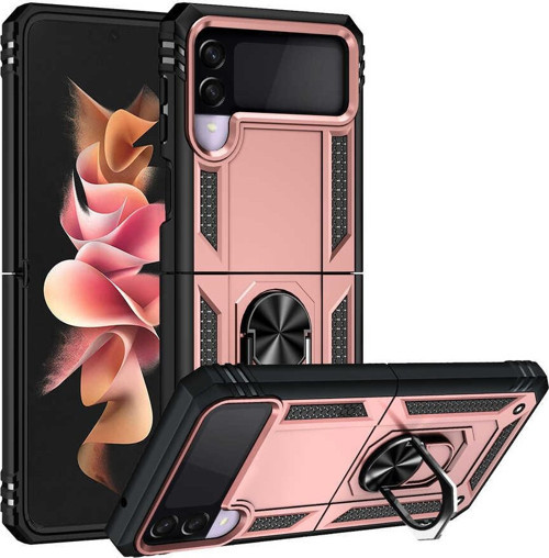 Samsung Galaxy Z Flip 3 Kapak Military Yüzüklü Stantlı Panzer Tank Kılıf - Rose Gold