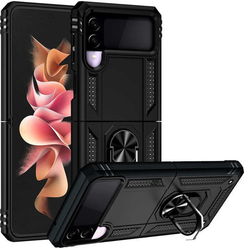 Samsung Galaxy Z Flip 3 Kapak Military Yüzüklü Stantlı Panzer Tank Kılıf - Siyah