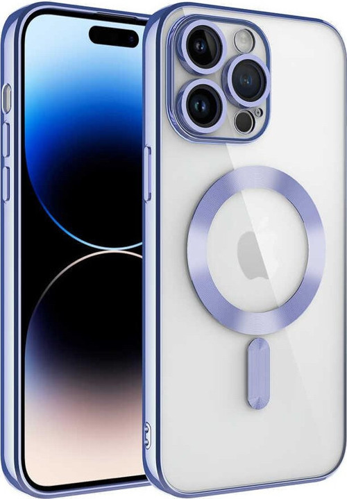 Apple iPhone 14 Pro Mag Safe Özellikli Lens Korumalı Logo Gösteren Şeffaf Silikon Kılıf - Lila