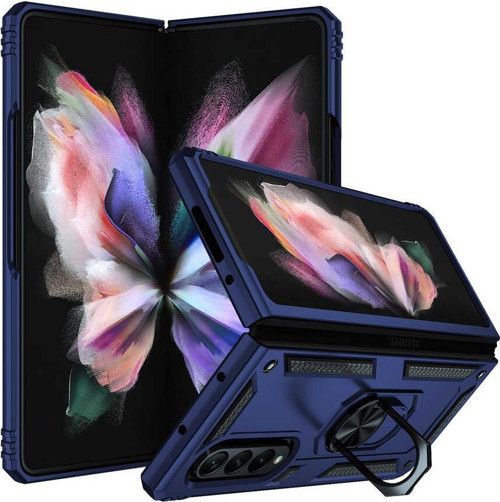 Samsung Galaxy Z Fold 3 Kapak Military Yüzüklü Stantlı Panzer Tank Kılıf - Lacivert