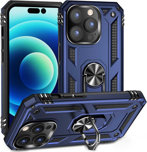 Apple iPhone 14 Pro Max Kapak Military Yüzüklü Stantlı Panzer Tank Kılıf - Lacivert