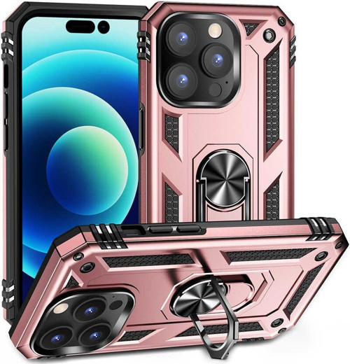 Apple iPhone 14 Pro Max Kapak Military Yüzüklü Stantlı Panzer Tank Kılıf - Rose Gold