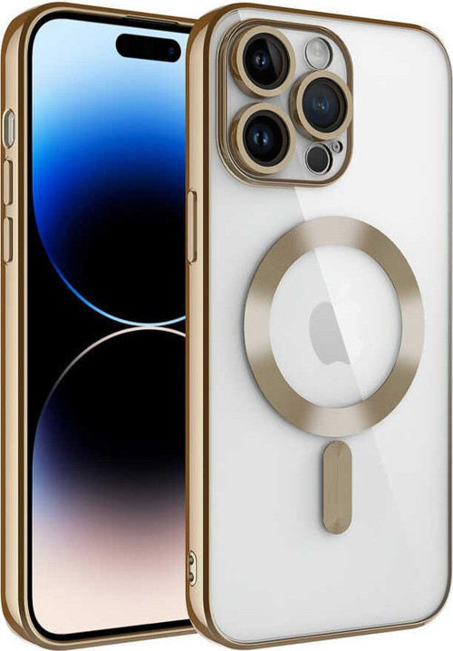 Apple iPhone 14 Pro Max Mag Safe Özellikli Lens Korumalı Logo Gösteren Şeffaf Silikon Kılıf - Gold