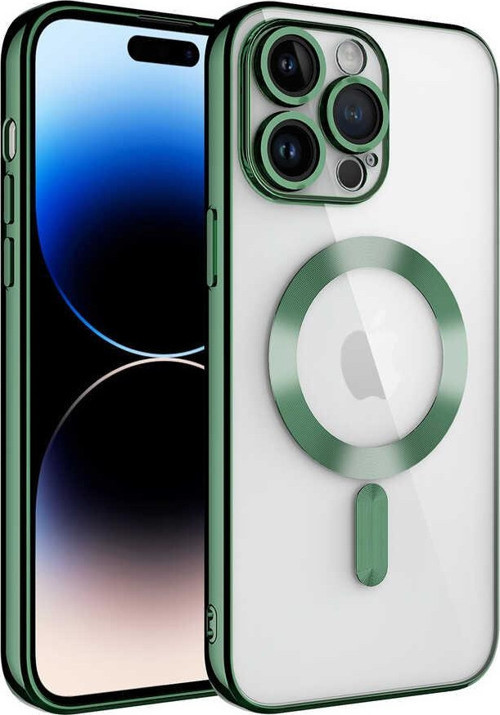 Apple iPhone 14 Pro Max Mag Safe Özellikli Lens Korumalı Logo Gösteren Şeffaf Silikon Kılıf -Yeşil