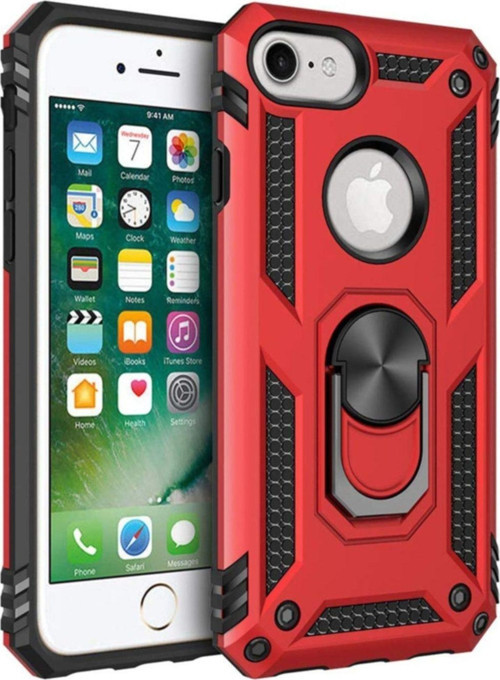 Apple iPhone 6 Kapak Military Yüzüklü Stantlı Panzer Tank Kılıf - Kırmızı
