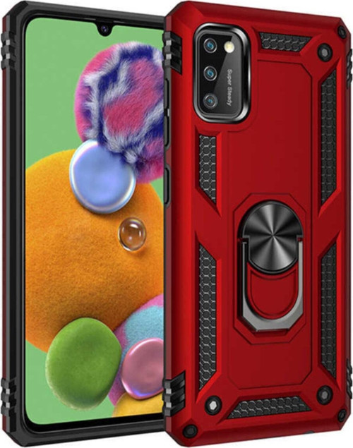 Samsung Galaxy A41 Kapak Military Yüzüklü Stantlı Panzer Tank Kılıf - Kırmızı