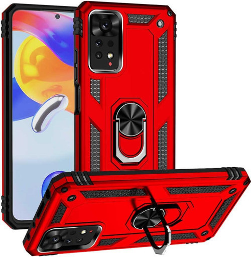 Xiaomi Redmi Note 11 Pro 5G Kapak Military Yüzüklü Stantlı Panzer Tank Kılıf - Kırmızı