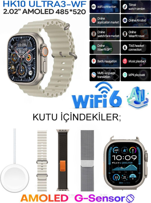Watch Ultra 10 Hk10 Ultra 13 Wi-Fi Modelli Tiktok,Oyun,Gps Yapay Zeka Tüm Telefonlara Uyumludur