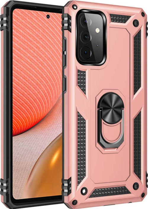 Samsung Galaxy A72 Kapak Military Yüzüklü Stantlı Panzer Tank Kılıf - Rose Gold