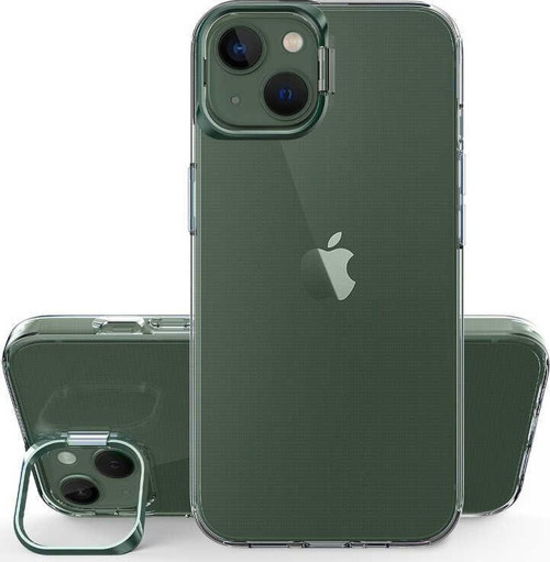 Apple iPhone 14 Kapak Lens Standlı Sararmaz Şeffaf Silikon Kılıf - Koyu Yeşil