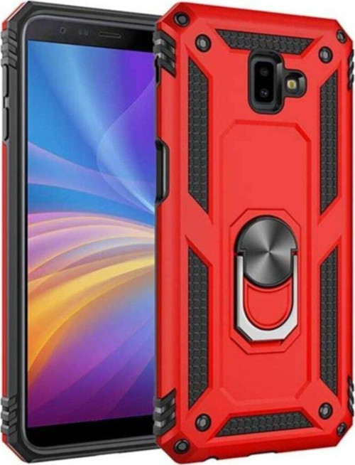 Samsung Galaxy J6 Plus Kapak Military Yüzüklü Stantlı Panzer Tank Kılıf - Kırmızı
