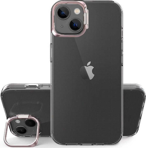 Apple iPhone 14 Plus Kapak Lens Standlı Sararmaz Şeffaf Silikon Kılıf - Rose Gold