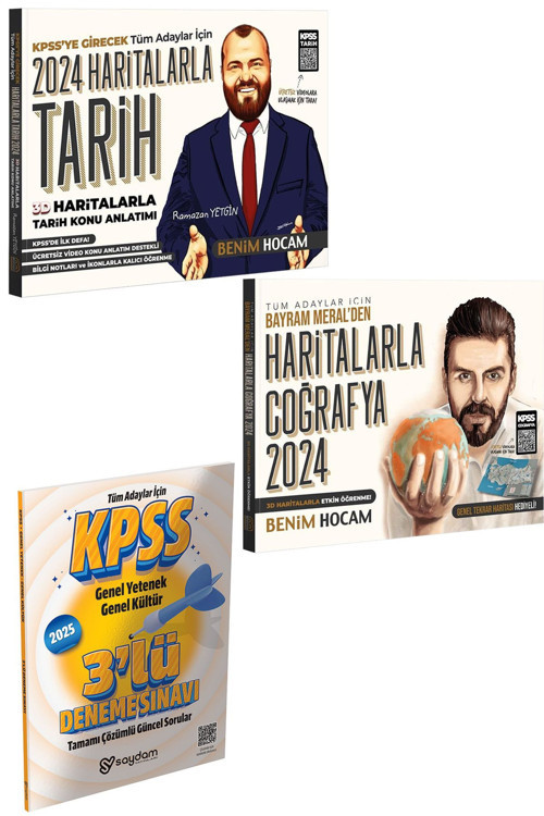 Benim Hocam Yayınları 2024 KPSS 3D Haritalarla Tarih ve Coğrafya Konu Anlatımı-2025 GYGK Tamamı Çözümlü 3 Deneme Hediye