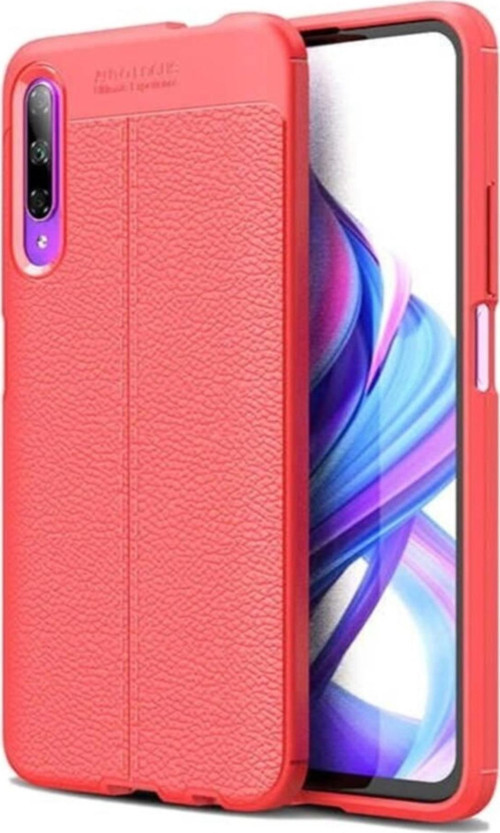 Huawei P Smart Pro 2019 Kılıf Darbe Korumalı Deri Görünümlü Silikon Arka Kapak - Kırmızı