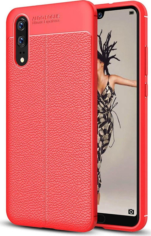 Huawei P20 Kılıf Darbe Korumalı Deri Görünümlü Silikon Arka Kapak - Kırmızı