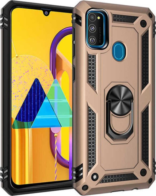 Samsung Galaxy M30s Kapak Military Yüzüklü Stantlı Panzer Tank Kılıf - Gold