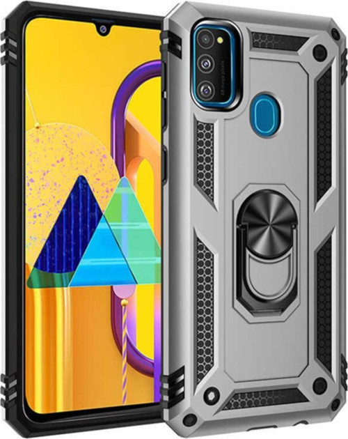 Samsung Galaxy M30s Kapak Military Yüzüklü Stantlı Panzer Tank Kılıf - Gri