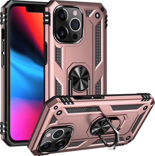 Apple iPhone 13 Pro Kapak Military Yüzüklü Stantlı Panzer Tank Kılıf - Rose Gold