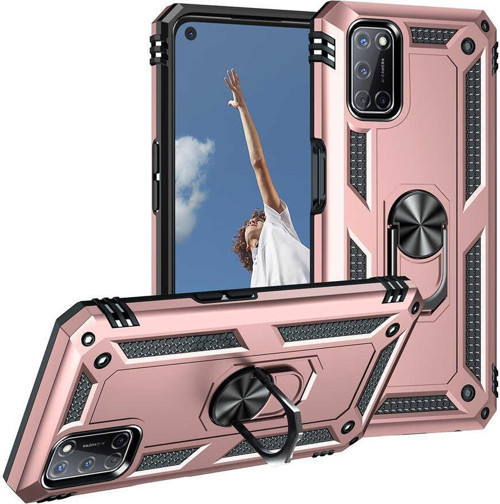 Oppo A52 Kapak Military Yüzüklü Stantlı Panzer Tank Kılıf - Rose Gold