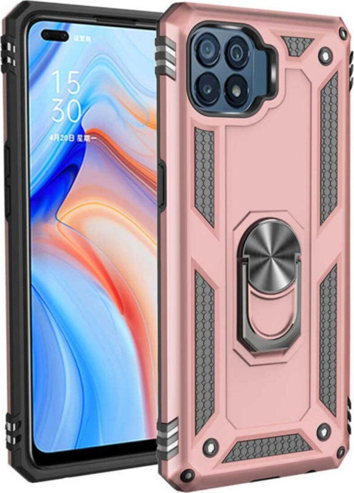 Oppo Reno 4 Lite Kapak Military Yüzüklü Stantlı Panzer Tank Kılıf - Rose Gold