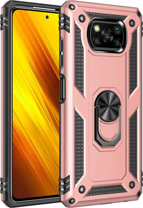 Xiaomi Poco X3 Kapak Military Yüzüklü Stantlı Panzer Tank Kılıf - Rose Gold