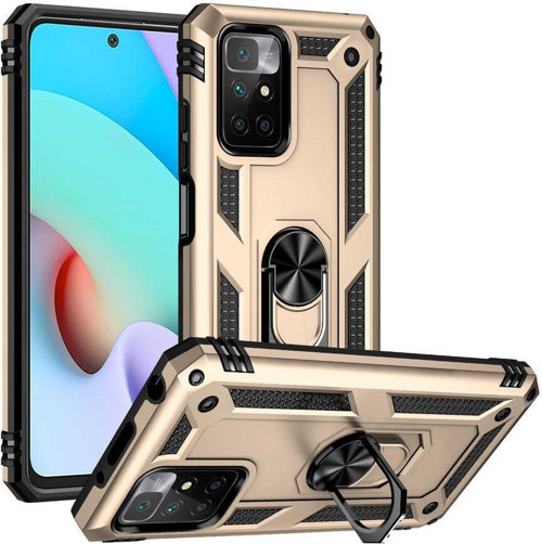 Xiaomi Redmi 10 Kapak Military Yüzüklü Stantlı Panzer Tank Kılıf - Gold