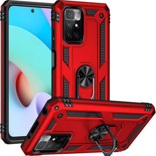 Xiaomi Redmi 10 Kapak Military Yüzüklü Stantlı Panzer Tank Kılıf - Kırmızı