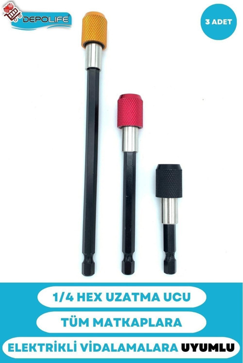 1/4 Bits Hex Altıgen Uçlu Uzatma Adaptörü Mıknatıslı Vidalama 3Lü Set 6 10 15 Cm