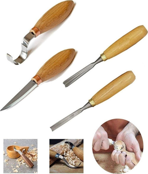 Ahşap Oyma Bıçak Alet Seti Kaşık Heykel Kuksa Oval Düz Oyma Yontma Bıçağı 4 Parçalı Set