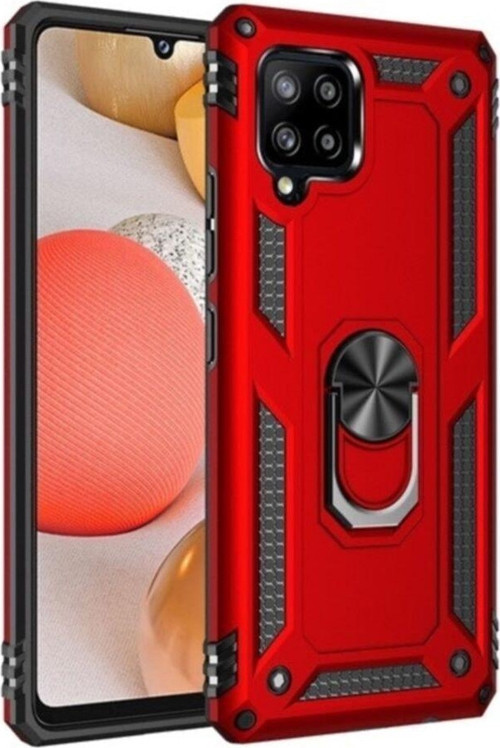 Samsung Galaxy A12 Kapak Military Yüzüklü Stantlı Panzer Tank Kılıf - Kırmızı