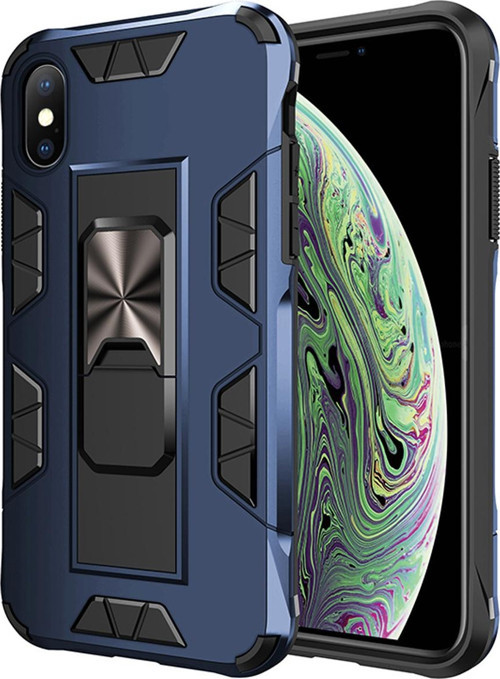 Apple iPhone X Kapak Standlı Mıknatıslı Tank Kılıf - Lacivert