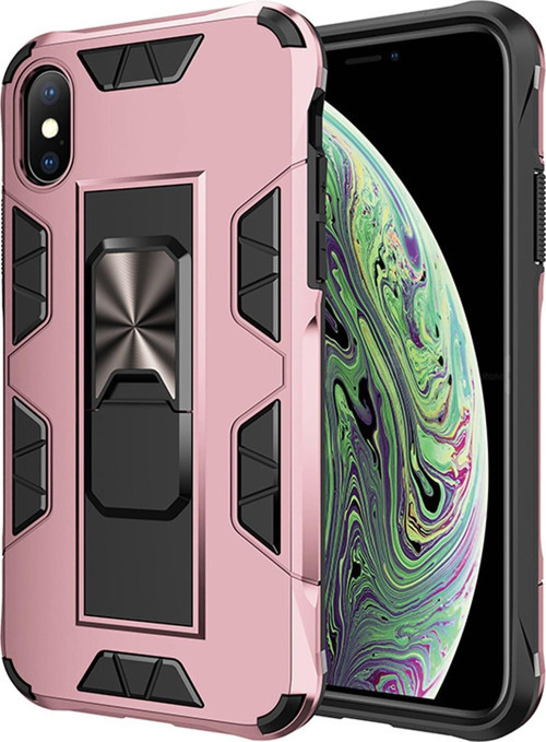 Apple iPhone X Kapak Standlı Mıknatıslı Tank Kılıf - Rose Gold